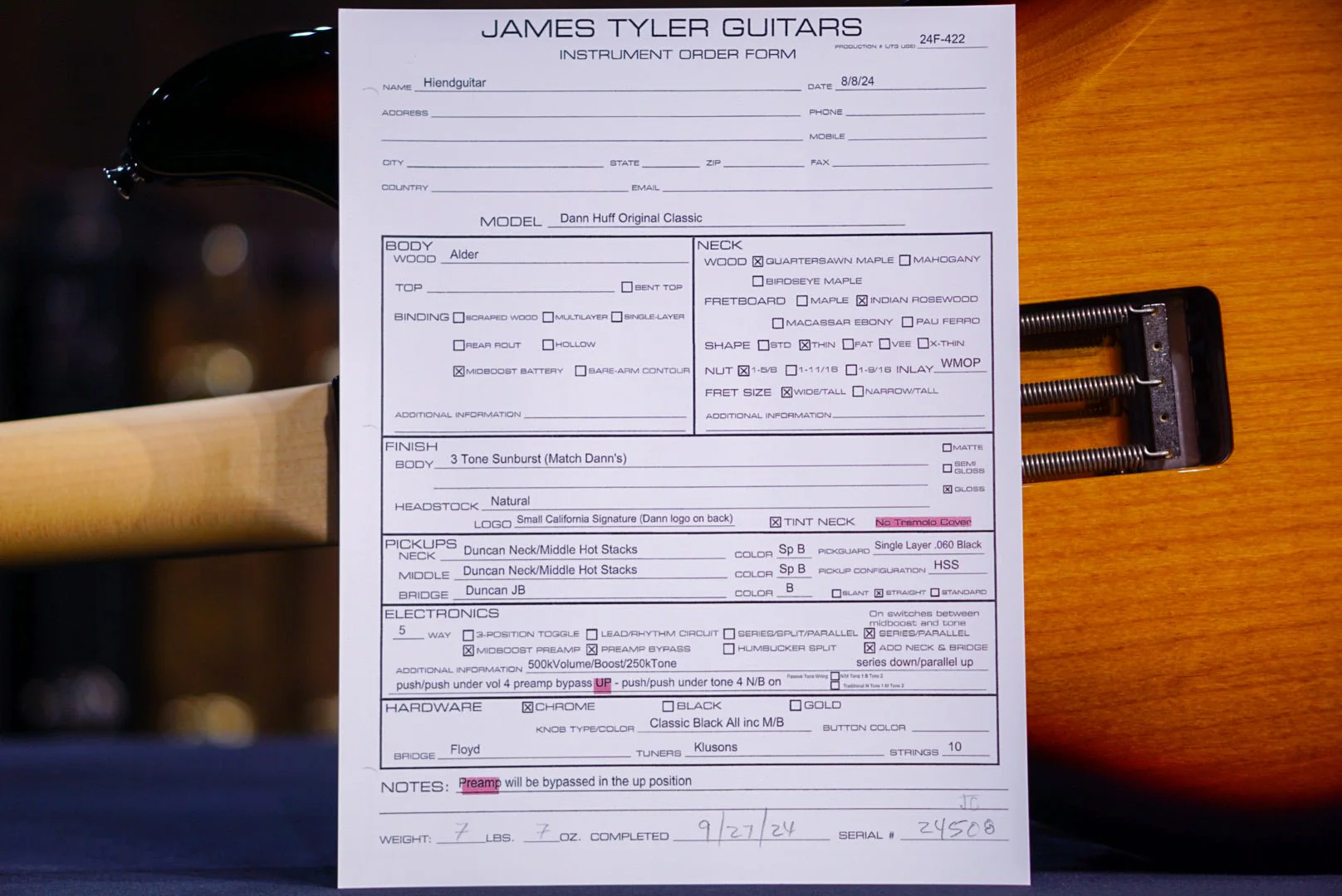 James Tyler Dann Huff Original Classic 3 tone sunburst floyd 24508 - Image 10