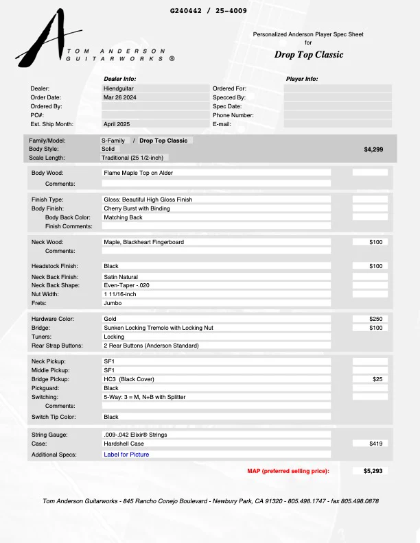Tom Anderson Drop Top Classic * 04-21-25P * Cherry Burst - Image 10