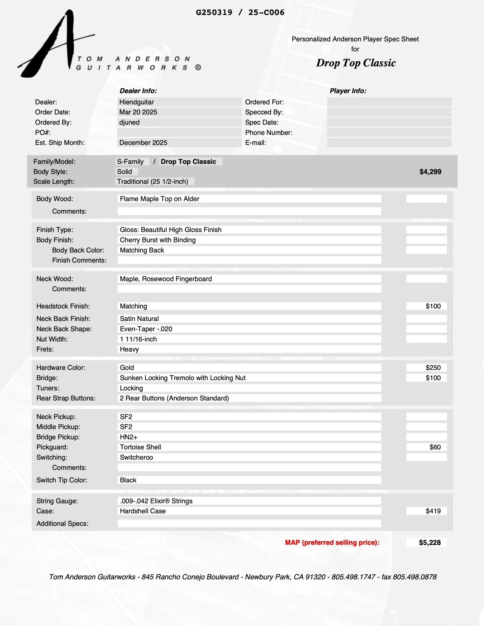 Tom Anderson guitar New Arrival